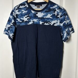 Michael Kors Navy Blue Camo Print Round Neck Short Sleeve T-Shirt Urban Style